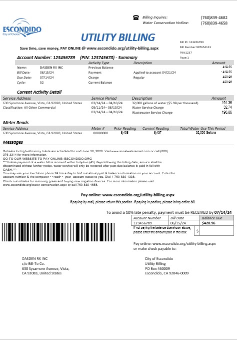 USA California Escondido City of Choice business utility bill template in Word and PDF formats